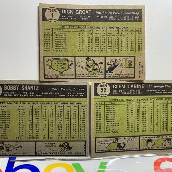 3- high grade! 1961 Topps Baseball Pittsburgh Pirates card lot #22, #379, #1 - Picture 2 of 2